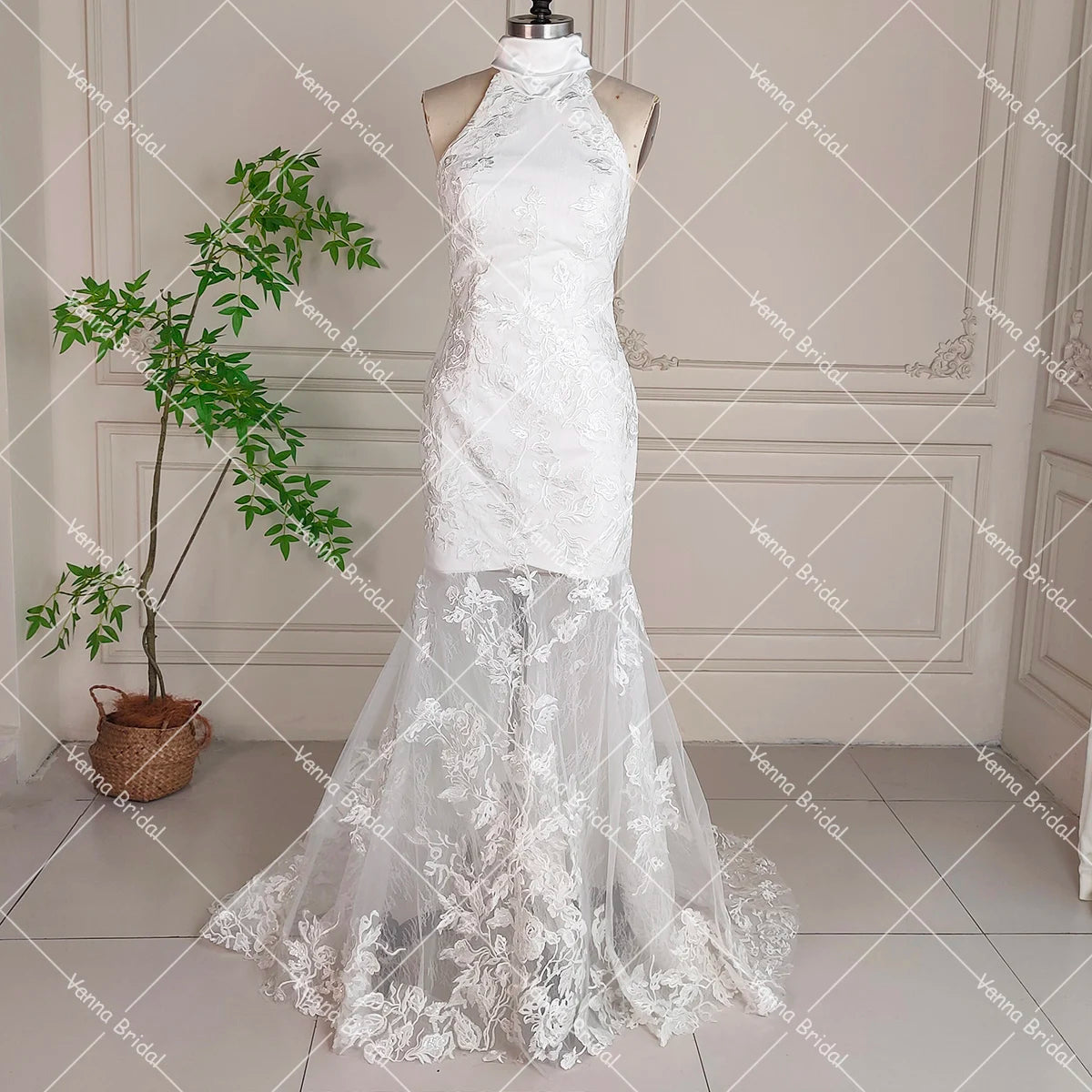 Halterneck Backless Exquisite Mermaid Wedding Dress Tie Sash