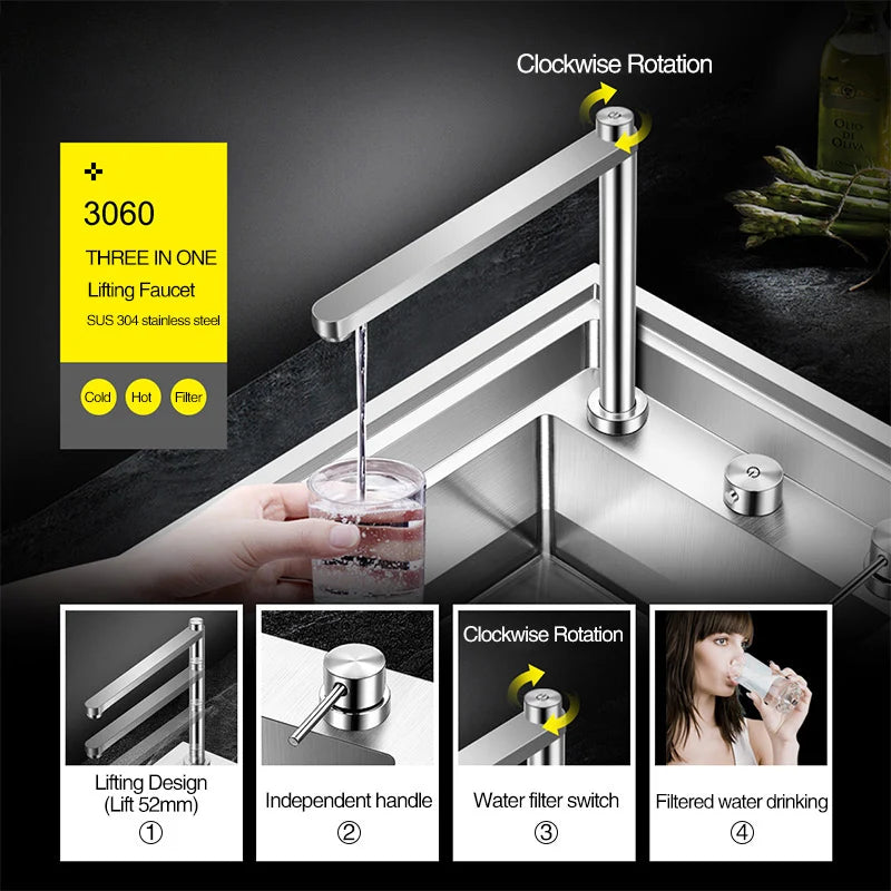 Asras Sink Faucet 304 Stainless Steel Lifting Faucet