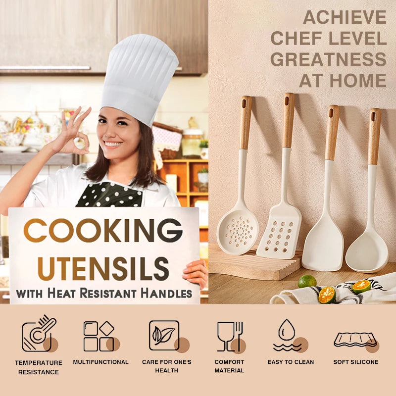 Silicone Cooking Utensils Durable Hardwood Handle Heat Resistant