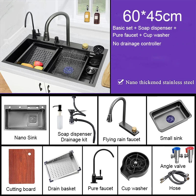 Black Nano Sink Waterfall Faucet Large Bowl Cup