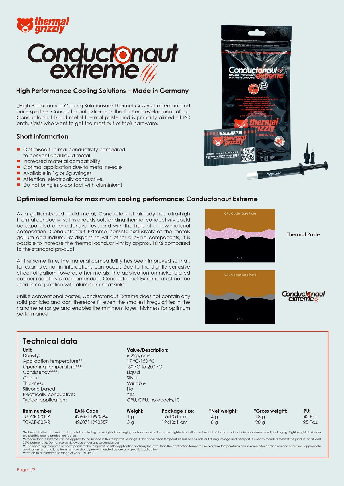 Thermal Grizzly Conductonaut Extreme Thermal Paste Cpu/Gpu Cooler