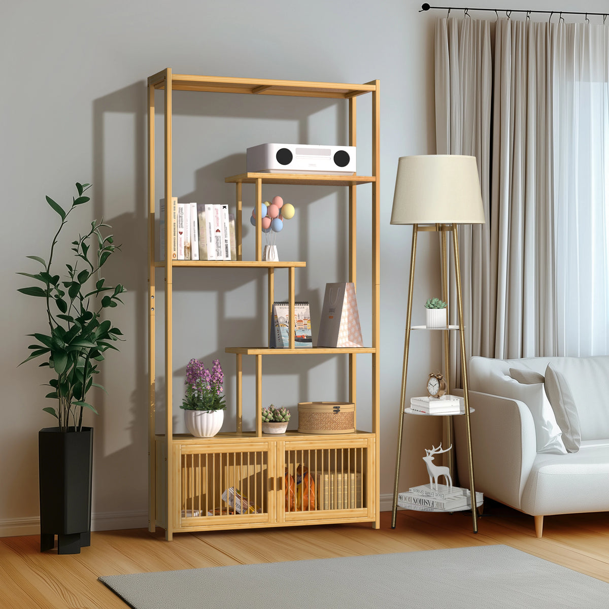 Bamboo Storage Rack Shelving Unit High Low Shelves