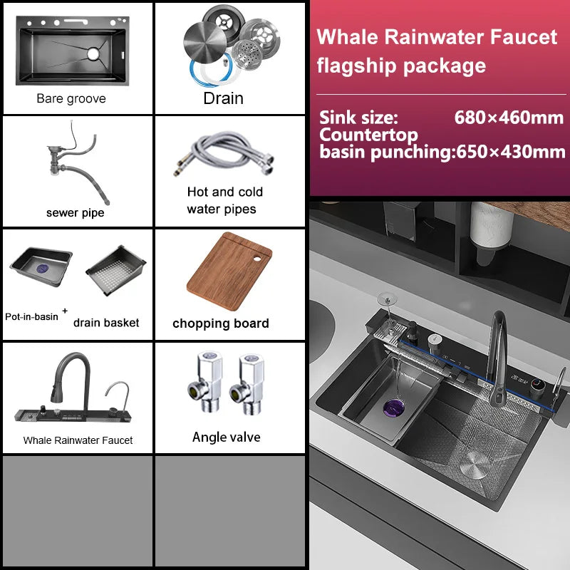 Waterfall Digital Display Sink Stainless Steel Wash Dish