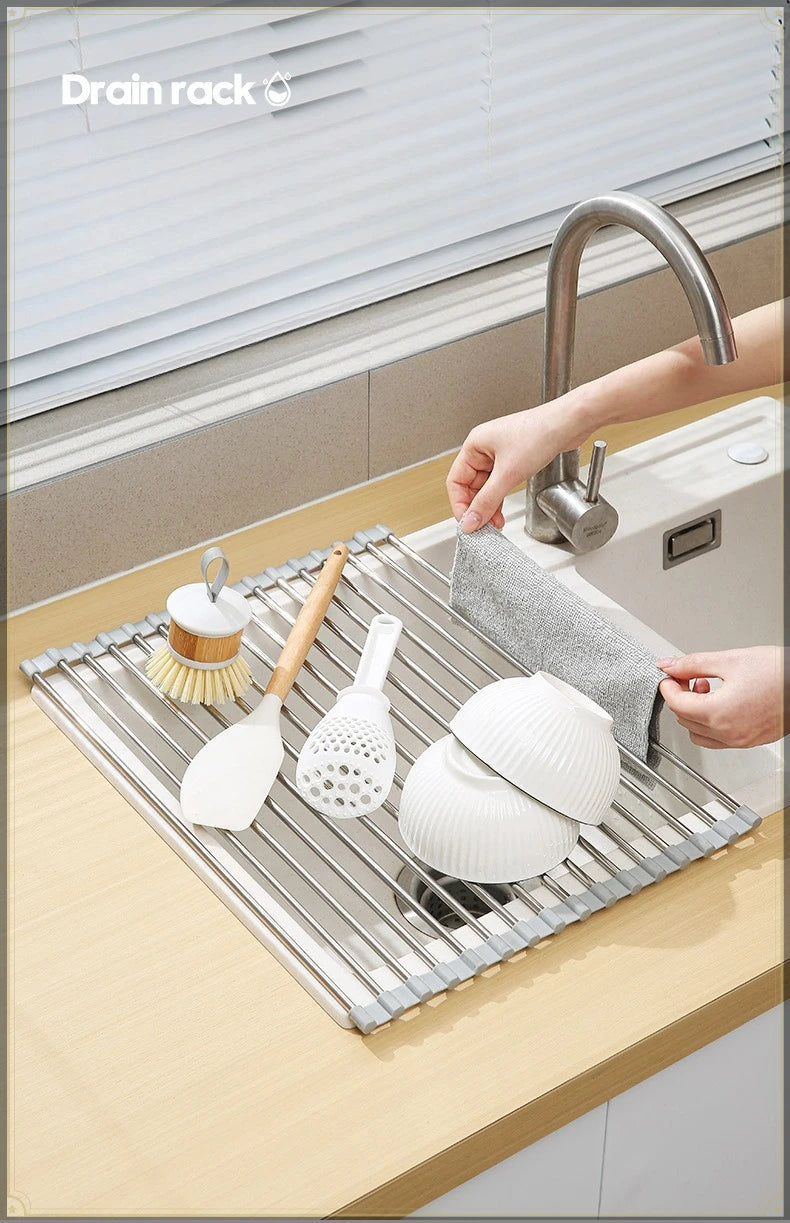 Roll Up Sink Drain Rack Stainless Steel Foldable