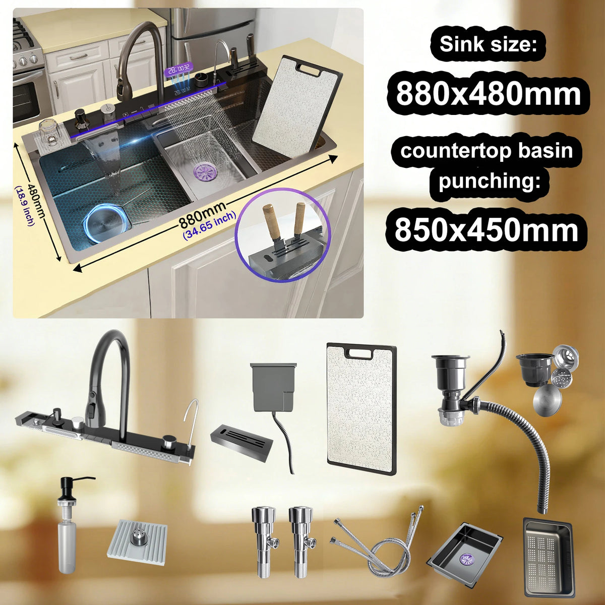 Stainless Steel Sink Digital Display Waterfall Large Slot
