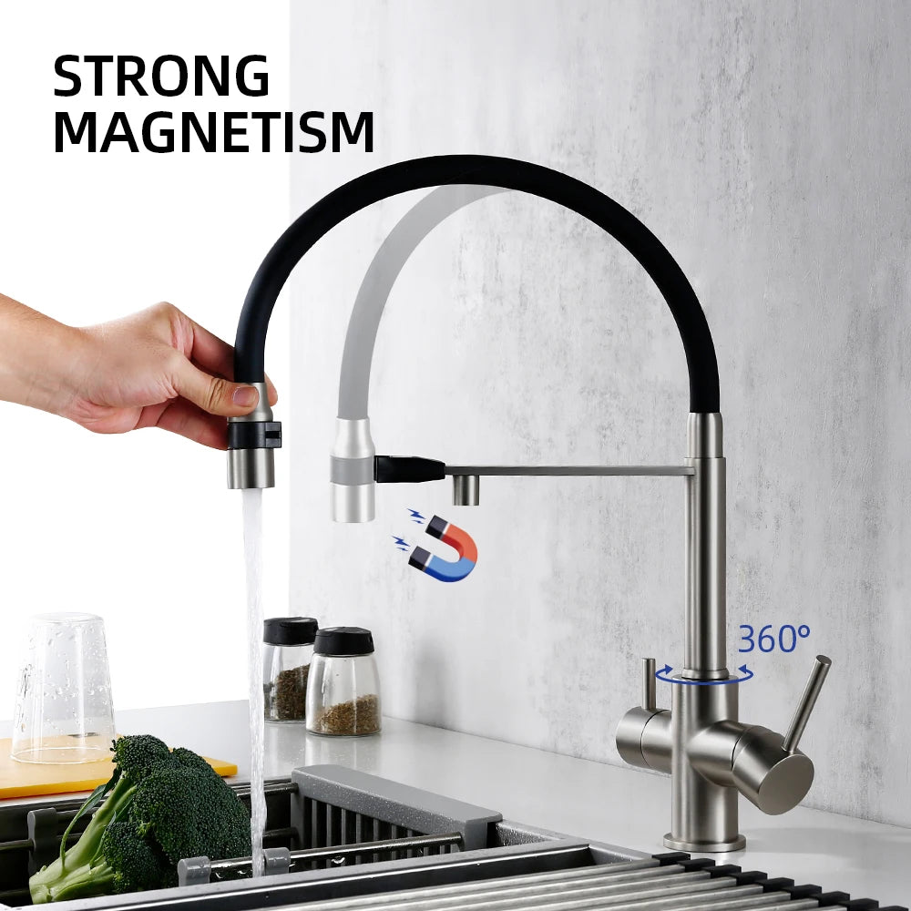Brushed Nickel Faucet Pull Out Double Handle Tap