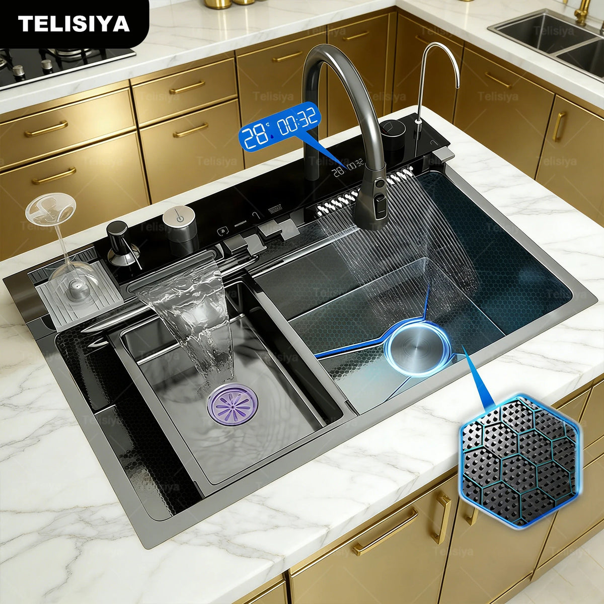 Extra Large Stainless Steel Waterfall Sink Embossed Solt