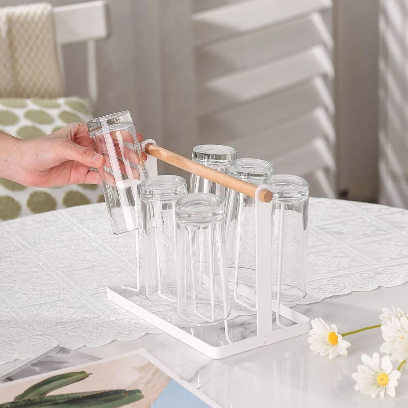 6-Cup Glass Cup Drying Rack Wooden Handle Countertop