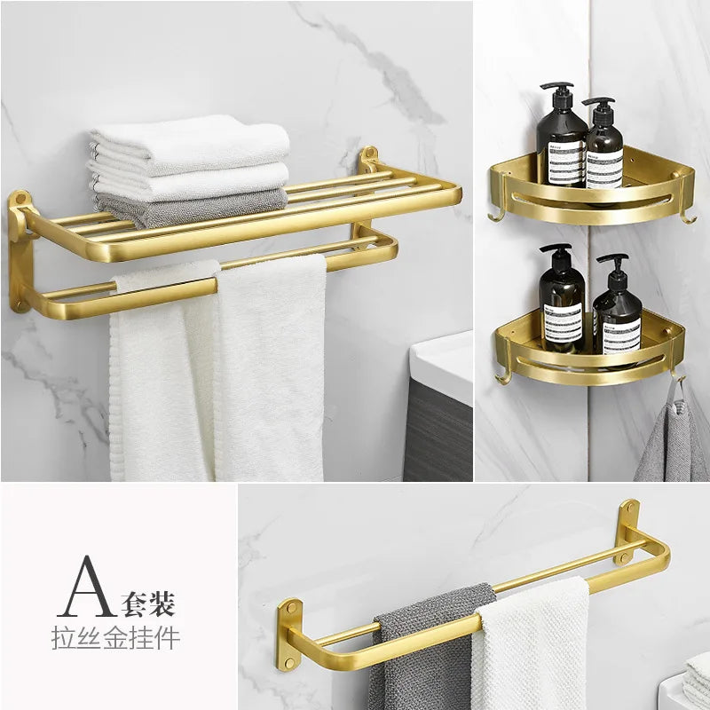 Bathroom Brushed Gold Aluminum Storage Rack Hardware Pendants