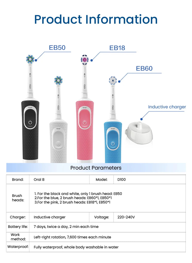 Oral D100 Electronic Toothbrush Adult Rechargeable Cross Action