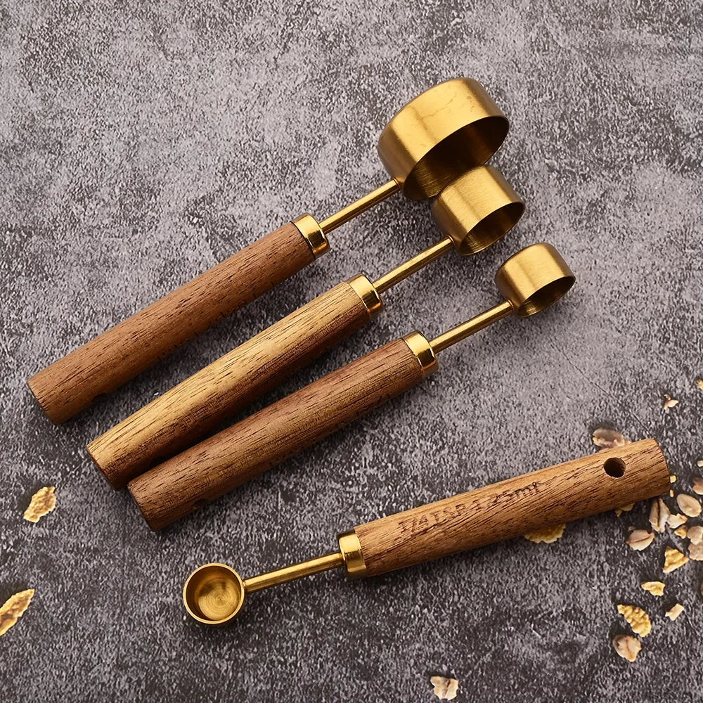 1/4/8pcs Gold Wooden Handle Stainless Steel Measuring Cups