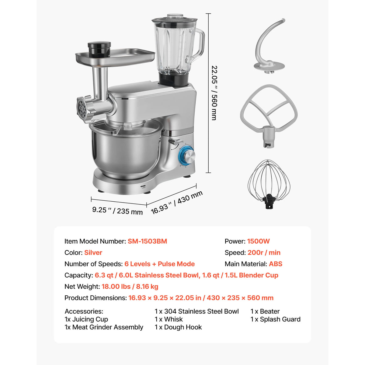 Succebuy 7/6/7 8l Stand Mixe Electric Mixer 1500w