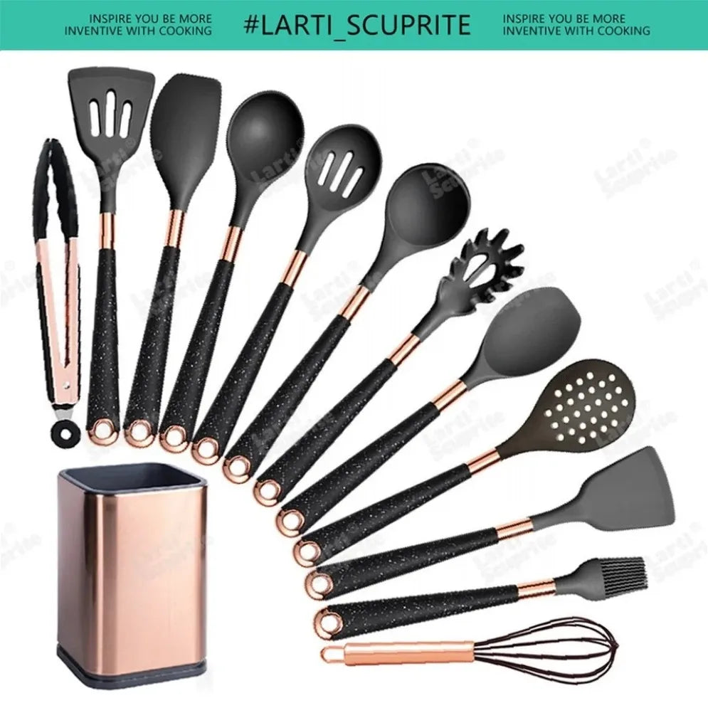 Gold Plated Handle Silicone Cooking Utensils Non-Stick Bpa