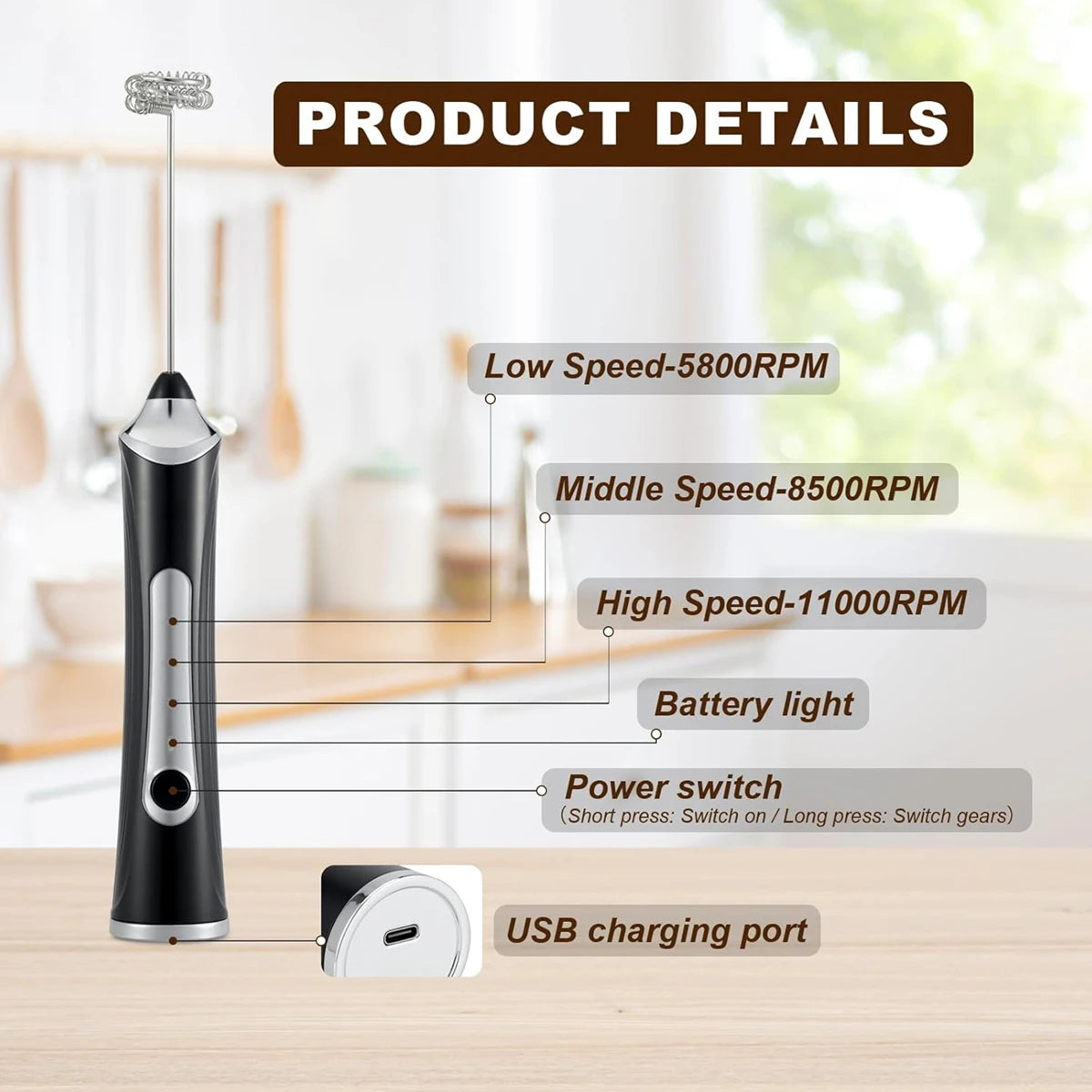 Handheld Milk Coffee Frother Rechargeable Electric Whisk Drink