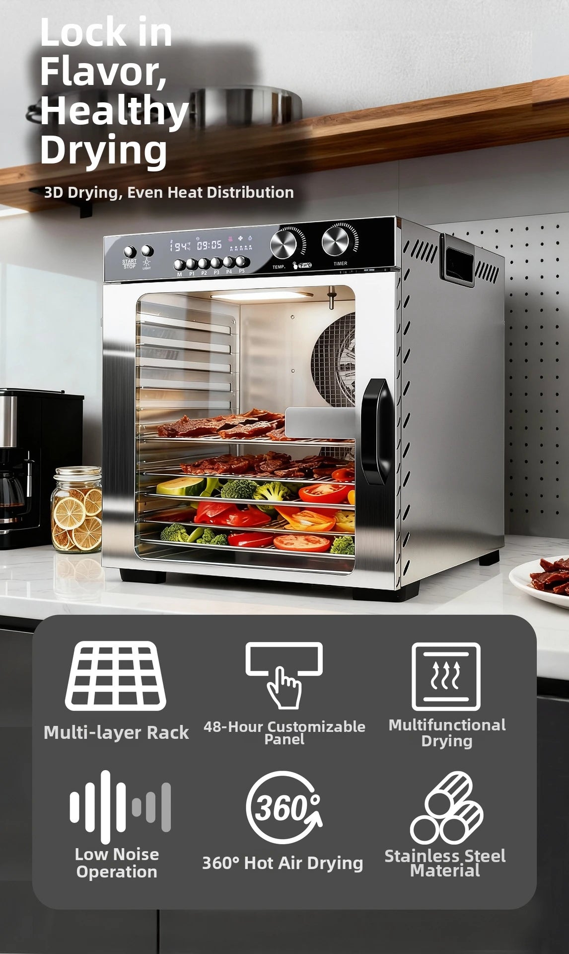 12-Tier Compact Food Dehydrator Multi-Purpose Dryer Jerky Fruits
