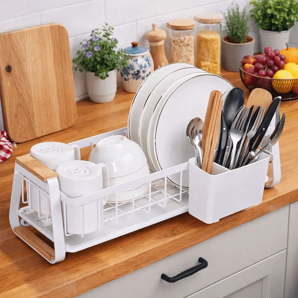 Detachable Dish Rack Wooden Handle Large Capacity Dish