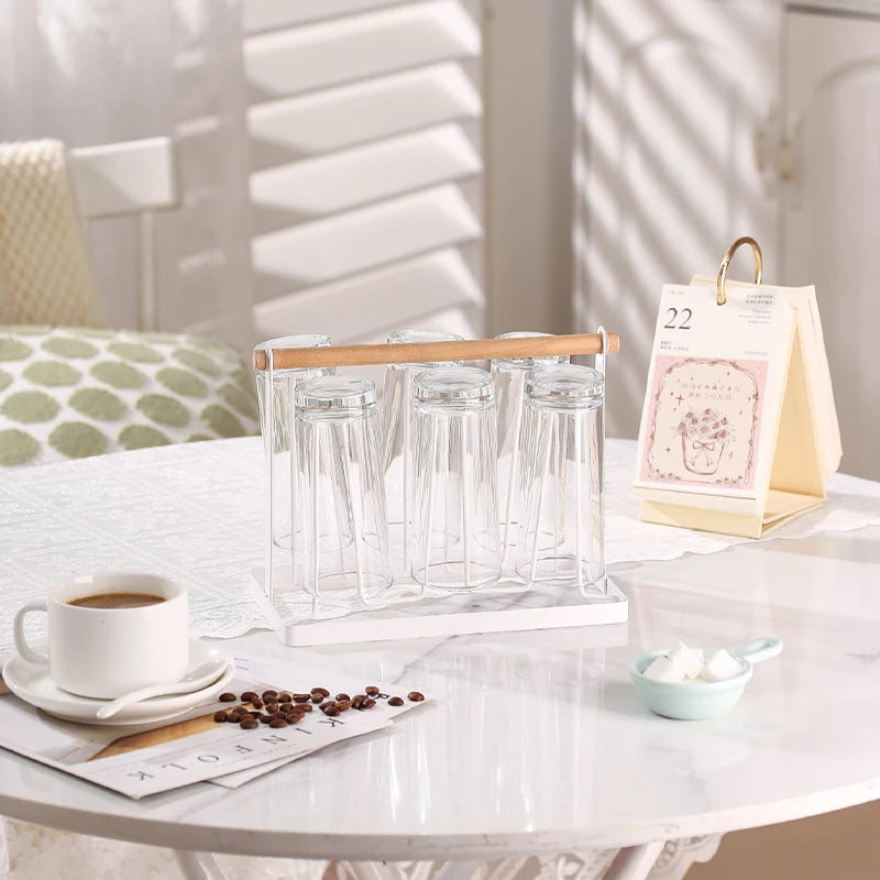 6-Cup Glass Cup Drying Rack Wooden Handle Countertop
