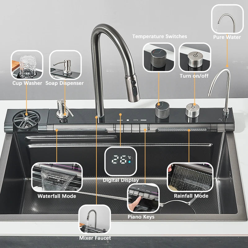 Shinesia Stainless Steel Waterfall Sink Digital Display Large