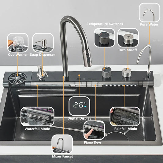 Shinesia Stainless Steel Waterfall Sink Digital Display Large