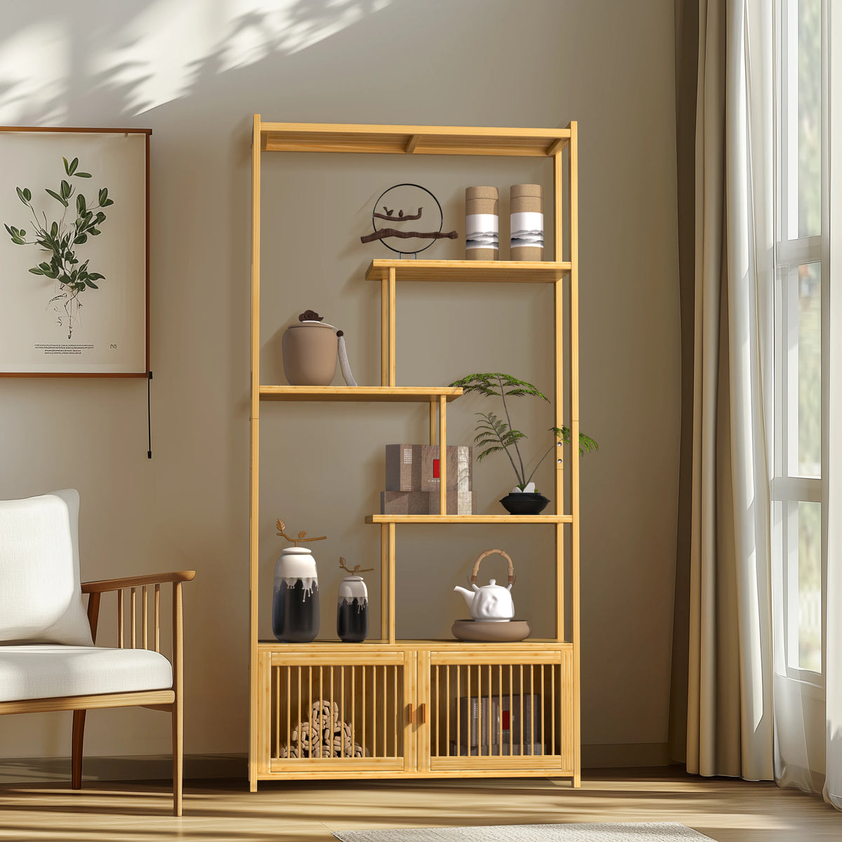 Bamboo Storage Rack Shelving Unit High Low Shelves