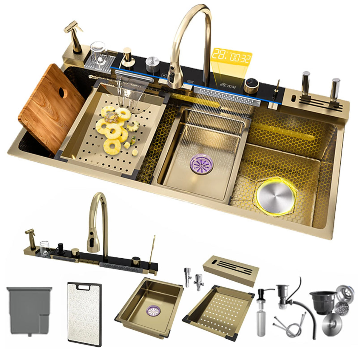 Stainless Steel Sink Large Slot Waterfall Digital Display