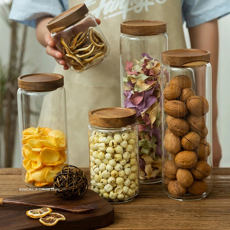 Wood Lid Glass Airtight Canister Storage Bottles Jars