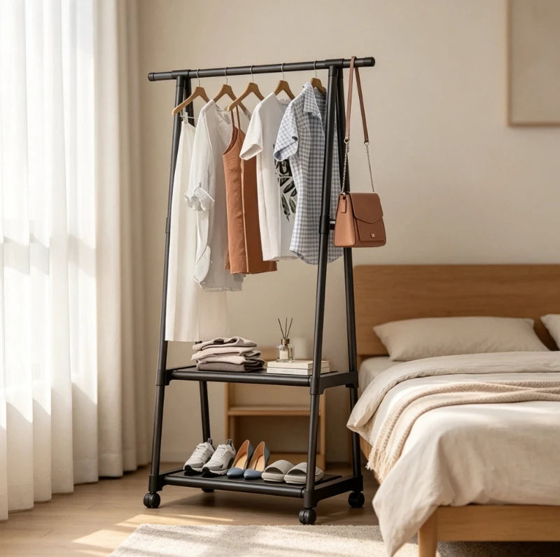 Simple Floor Standing Clothes Drying Rack Wheels Storage