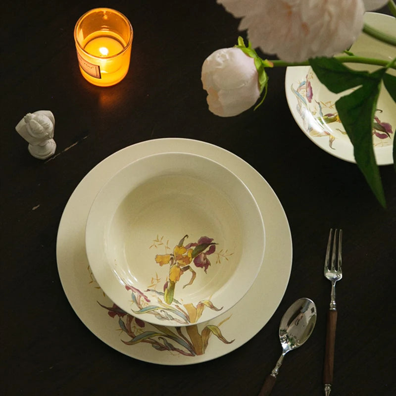 Ceramic Dinner Plate French Iris Dessert Bowl Dishes