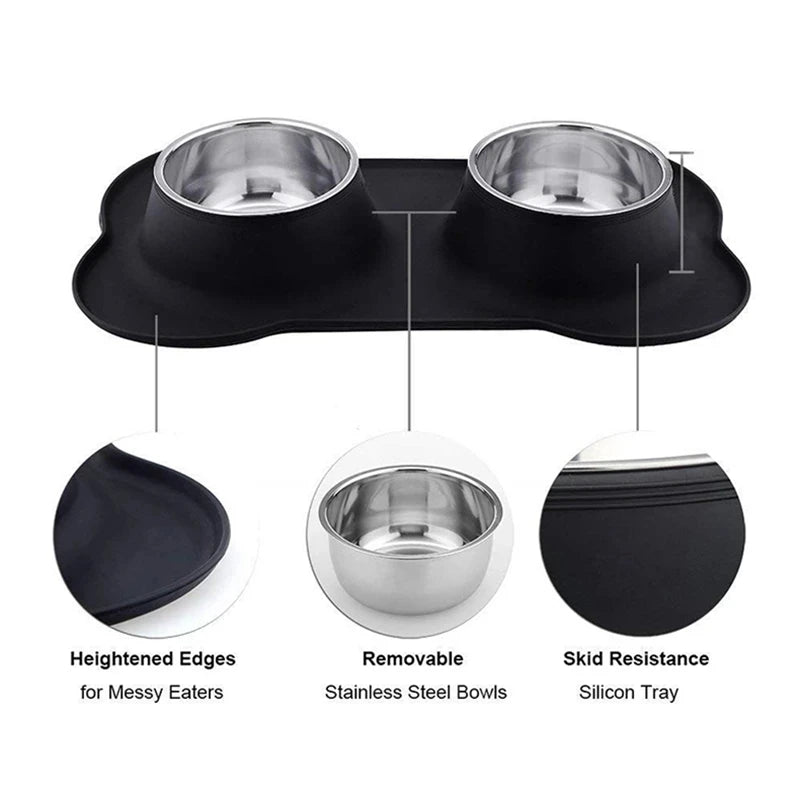 Antislip Double Dog Bowl Silicone Mat Durable Stainless