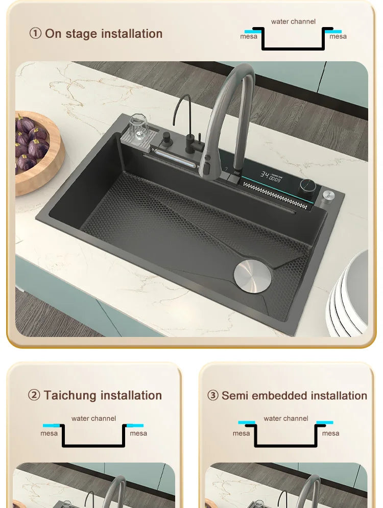 Stainless Steel Waterfall Sink Large Slot Dishwashing Basin
