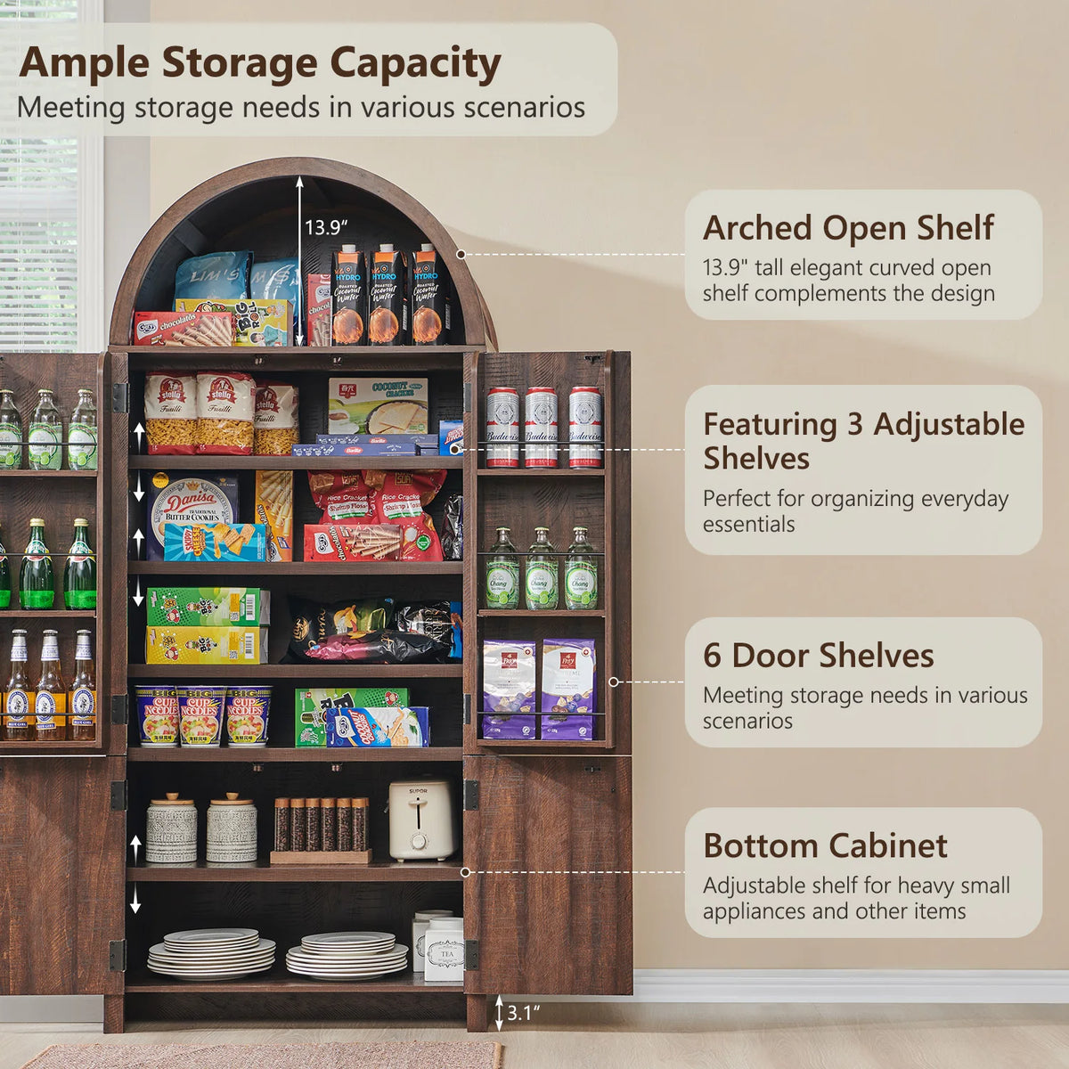 71 Tall Arched Pantry Fluted Wood Cabinet Storage