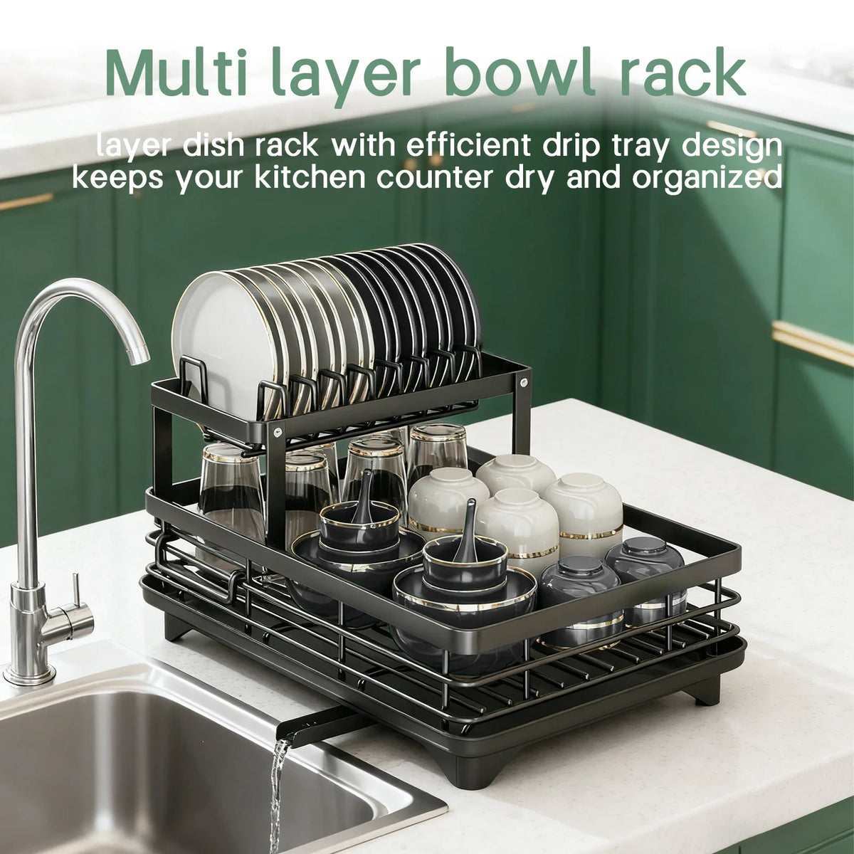 2-Layer Dish Drain Rack Is Suitable Countertop Metal