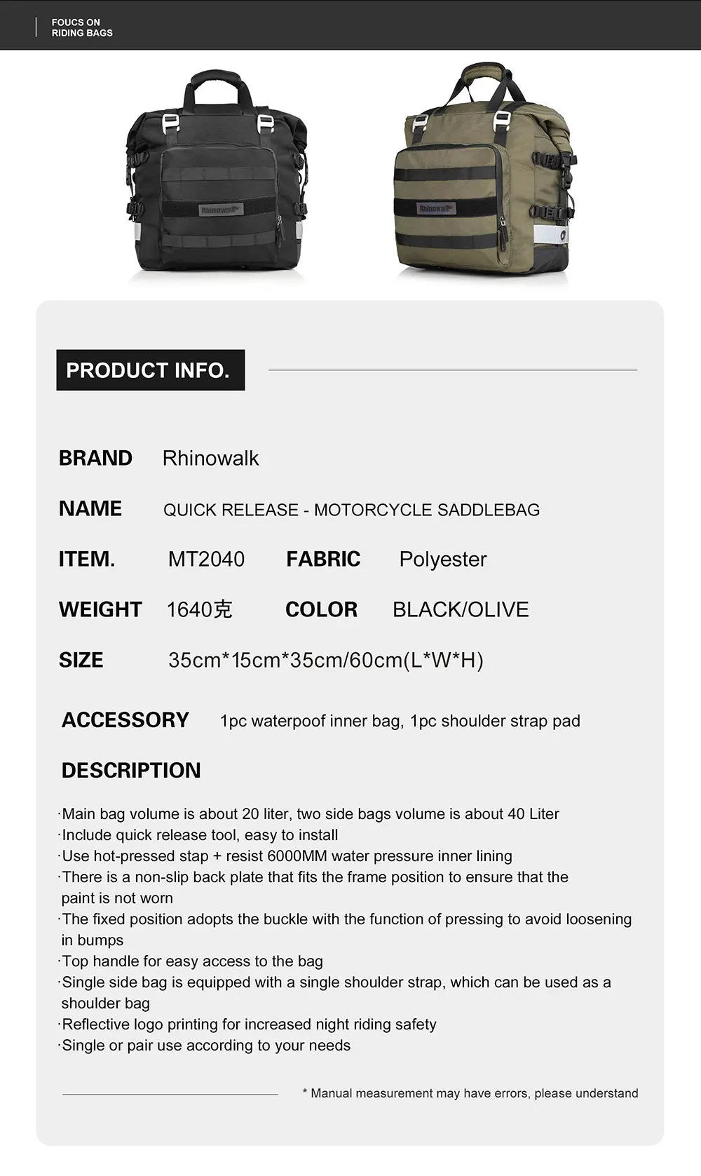 Rhinowalk 2pcs Motorcycle Saddle Bag Motor Bag 3d