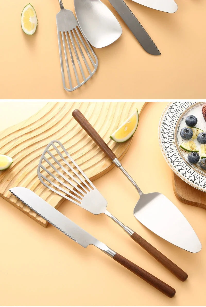 Walnut Handle Utensils Stainless Steel Cake Knife Shovel