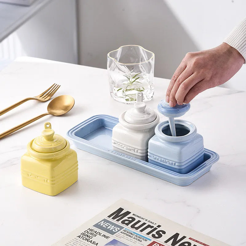 3pcs Ceramic Spice Container Storing Salt Sugar Pepper
