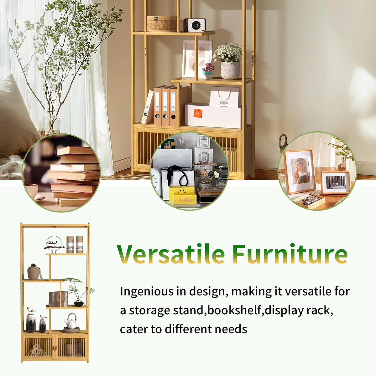 Bamboo Storage Rack Shelving Unit High Low Shelves