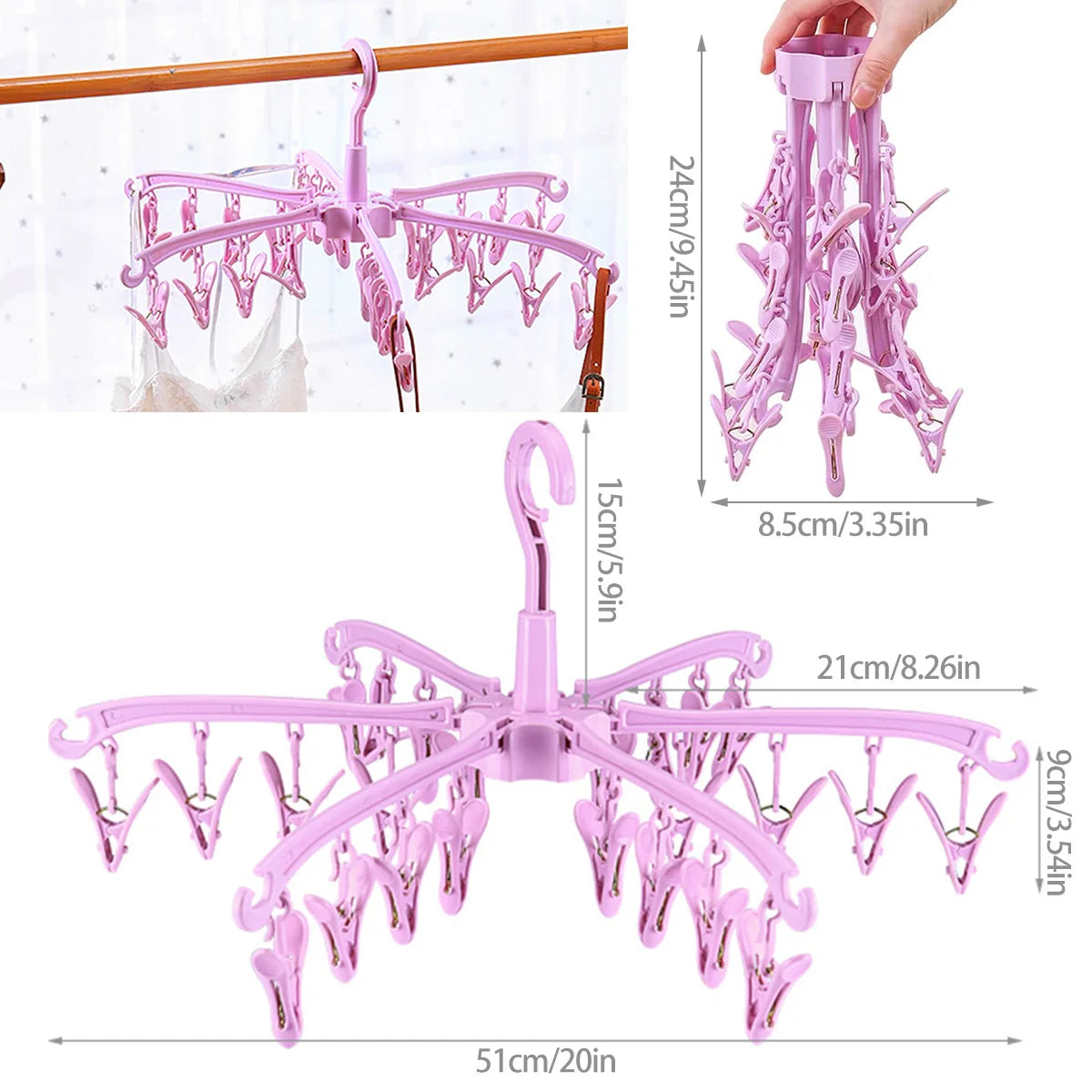 24-Clips Windproof Drying Rack Rotatable Foldable Hanger Sock
