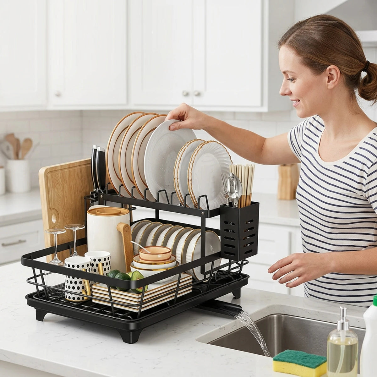 Countertop Dish Drying Rack Adjustable Plate Organizer Drainboard
