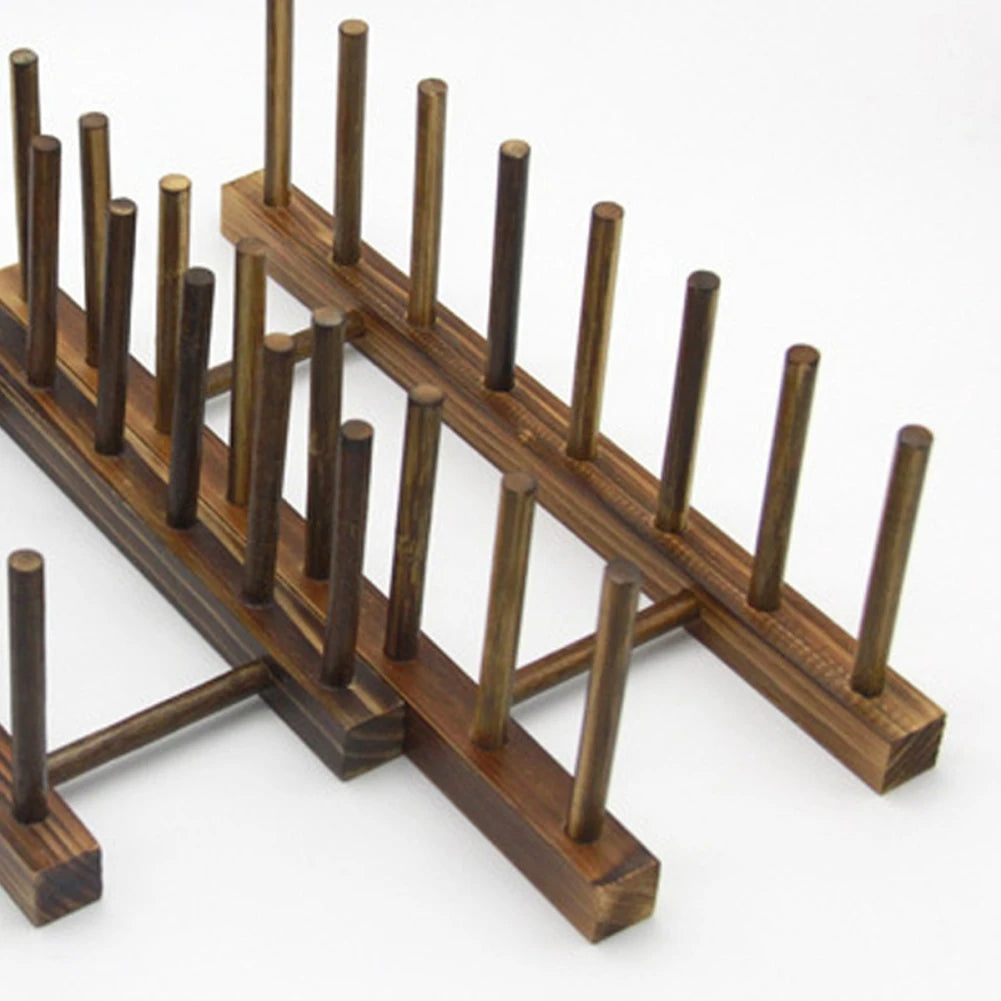 Wooden Dish Drain Rack Dinnerware Storage Organizer Tray