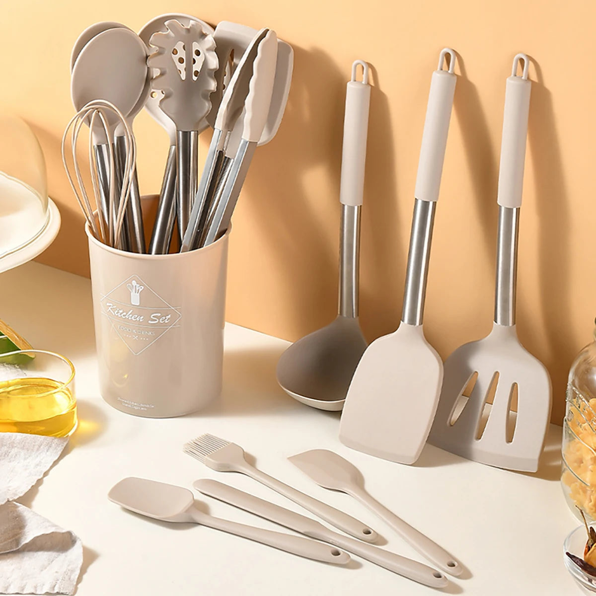 15pcs Silicone Kitchenware Stainless Steel Handle Cooking