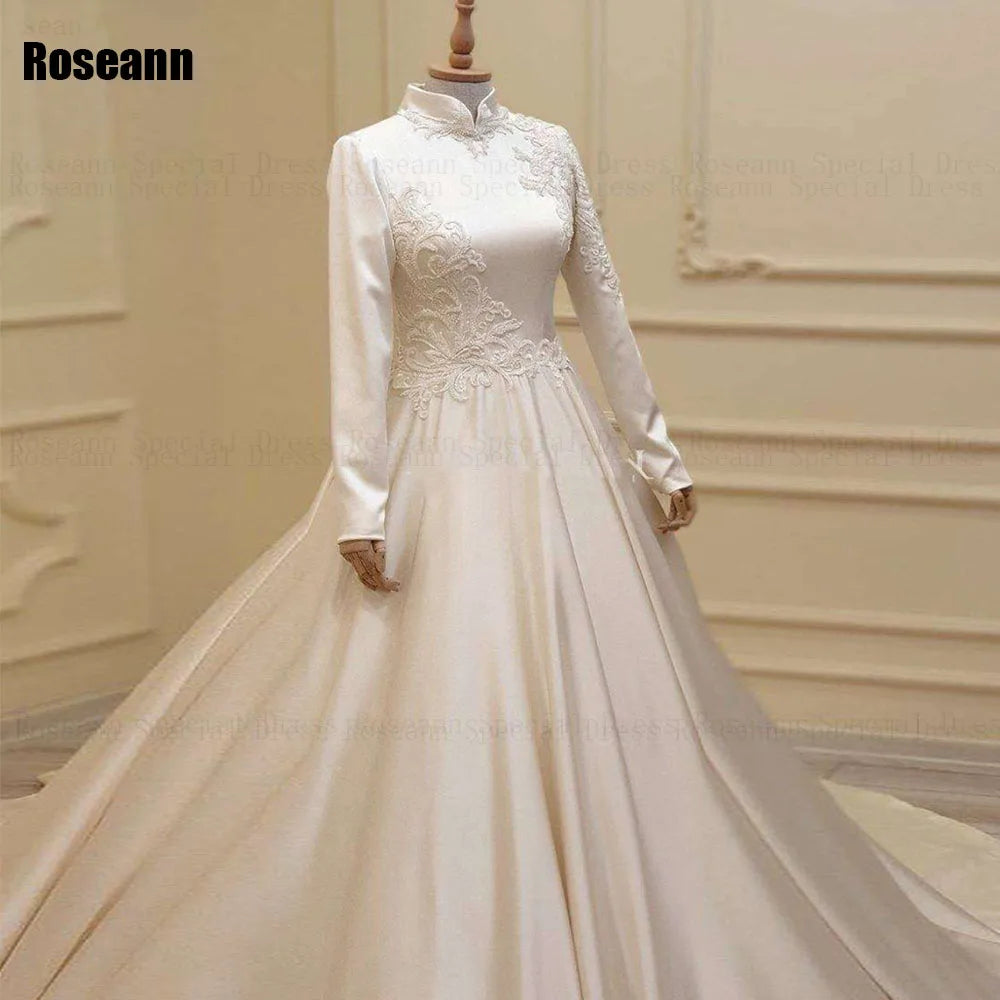 Customized Muslim High Collar A-Line Wedding Dresses Full