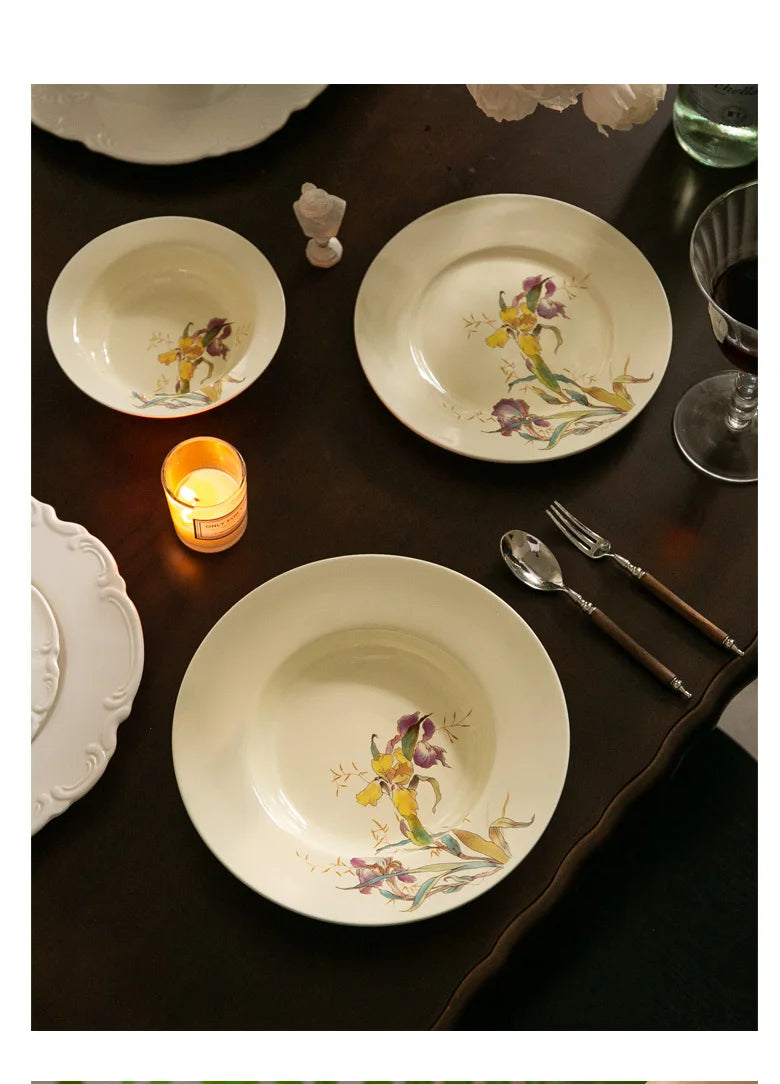 Ceramic Dinner Plate French Iris Dessert Bowl Dishes