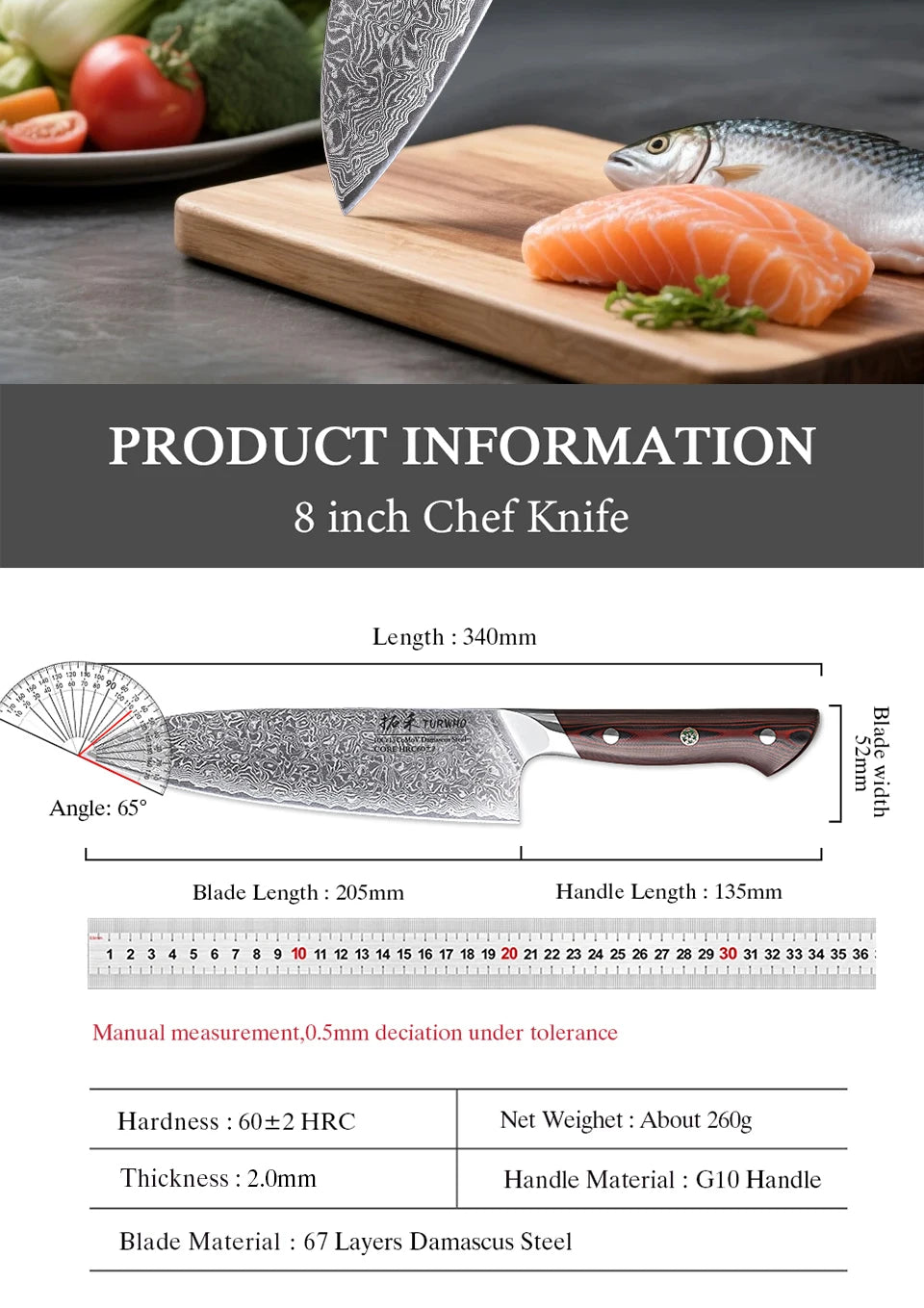 Turwho Professional Japanese Chef Knife 67 Layer Damascus