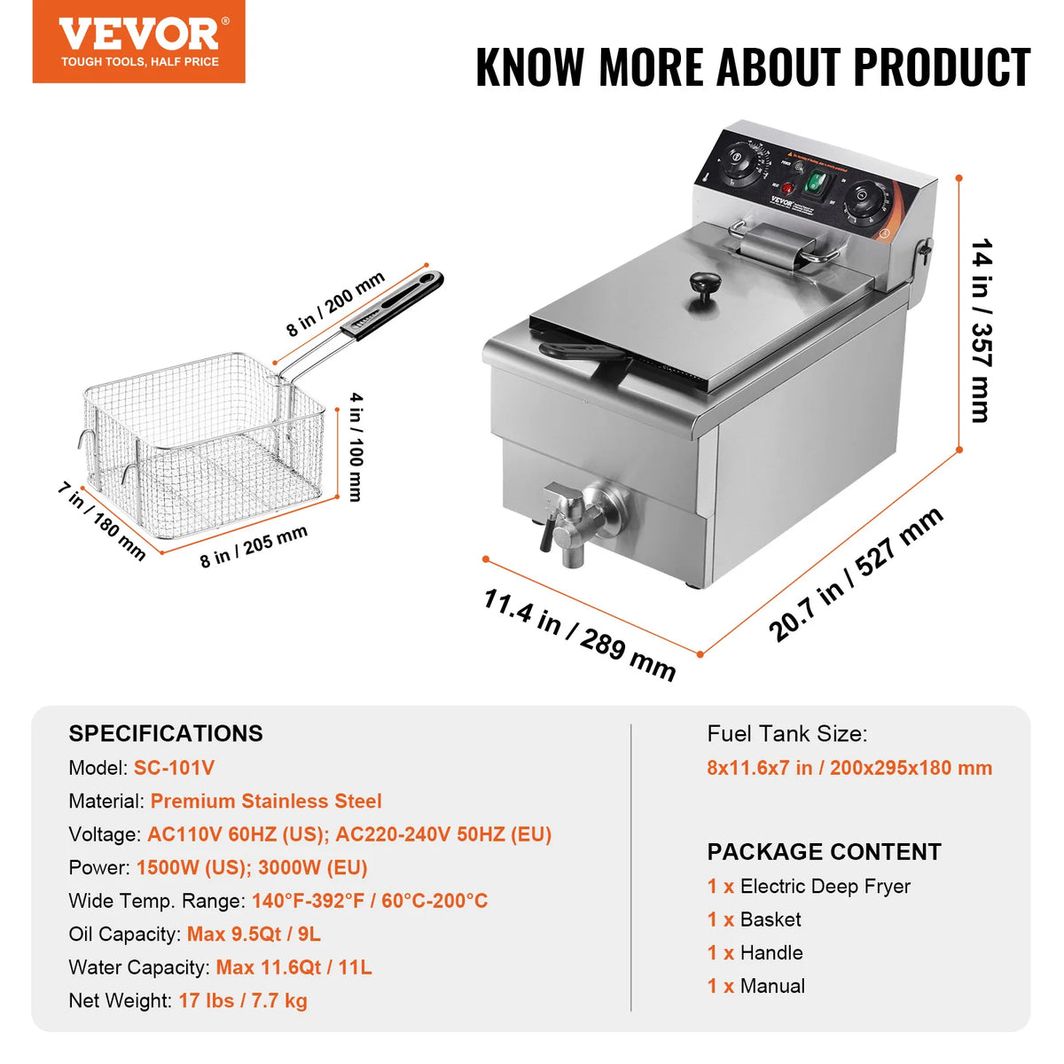 Succebuy Commercial Deep Fryer Electric Countertop Fryer Basket