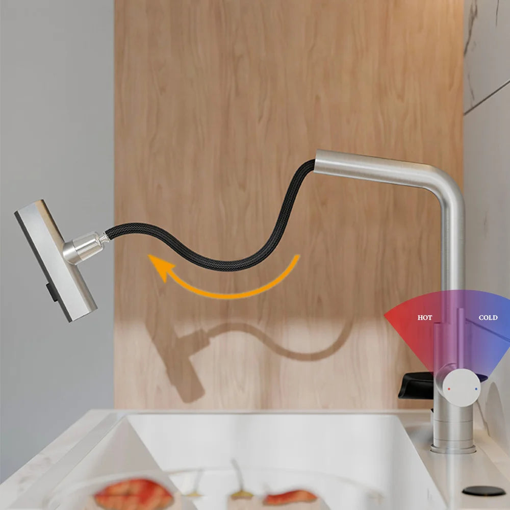 Brushed/Black Sink Faucet Cup Wash Waterfall Pull Out
