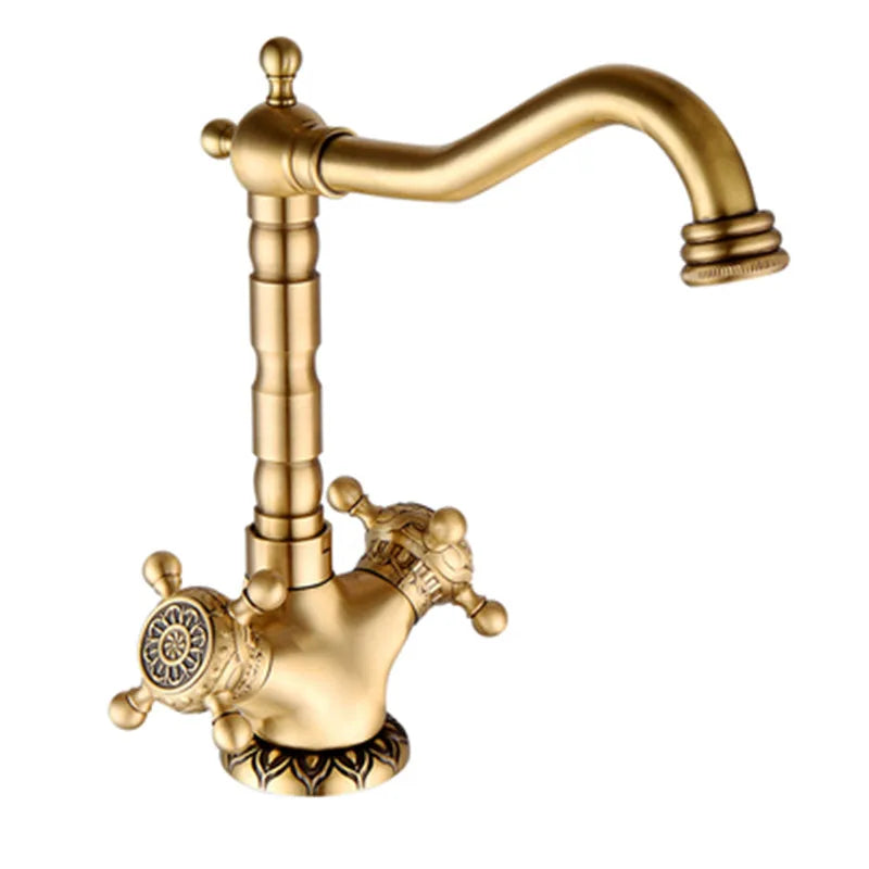 Tuqiu Antique Brass Bathroom Faucet Carved Deck Mounted