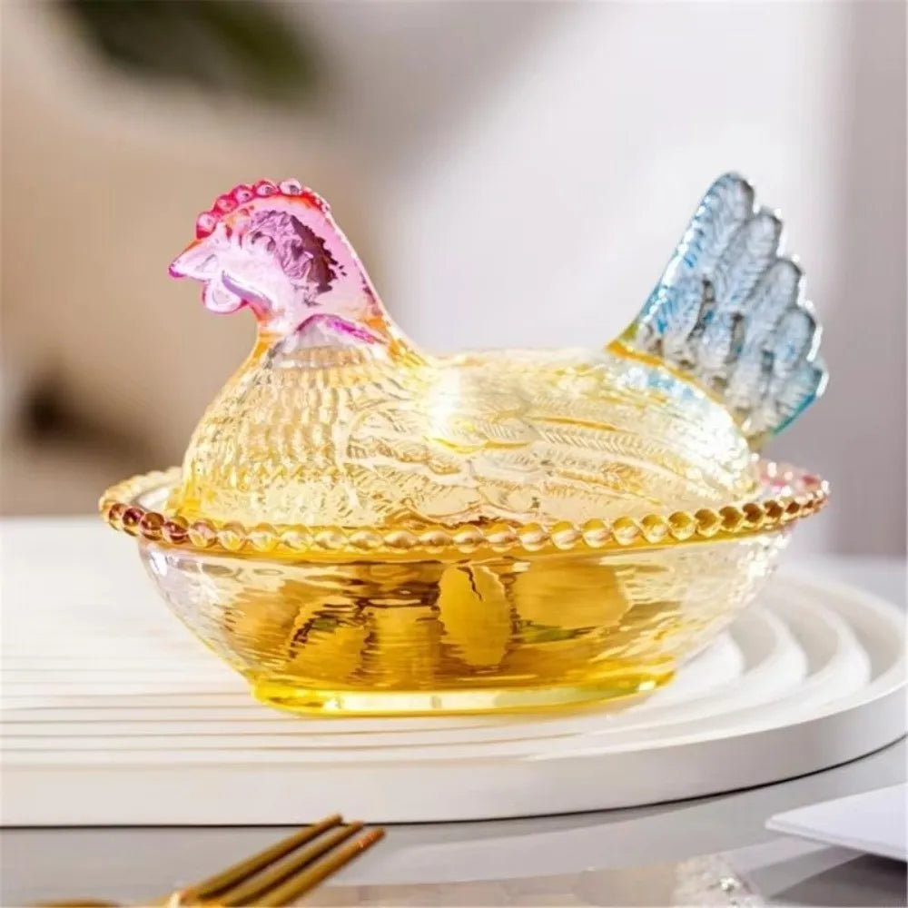 Glass Chicken Shaped Dish Lid Hen On Nest