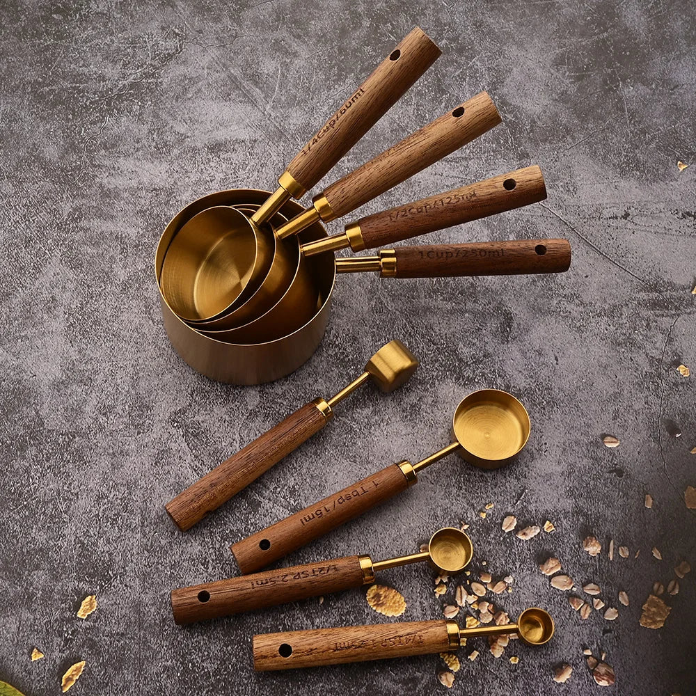 1/4/8pcs Gold Wooden Handle Stainless Steel Measuring Cups