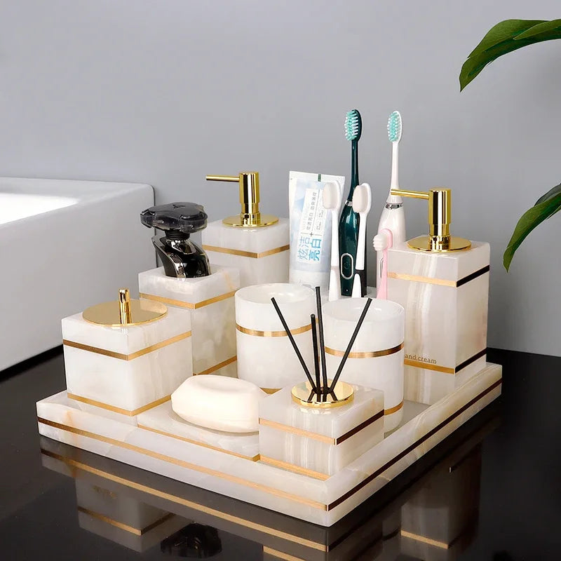 Natural Marble Bathroom Luxury Golden Soap Dispenser Toothbrush
