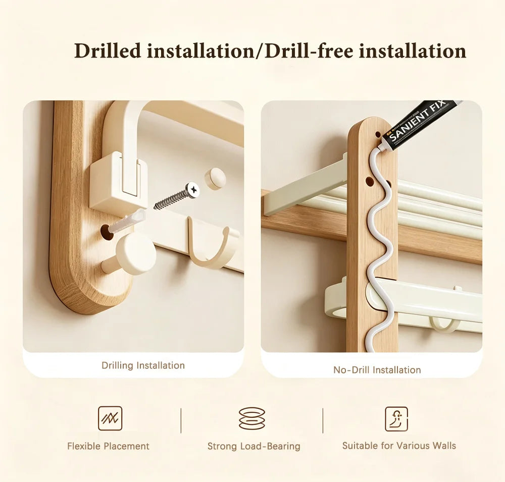 White Walnut Wood Bathroom Hardware Towel Rack Organizer